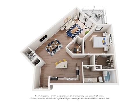 A 3D floor plan of a house with a kitchen, living room, and bathroom.